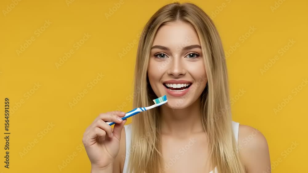 Woman holding a toothbrush, smiling. Woman holding a toothbrush, smiling.