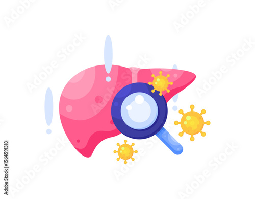 liver disease diagnosis concept. health or medical examination. virus infected liver. illustration of a liver organ with magnifying glass and virus symbol. flat style design. world hepatitis day