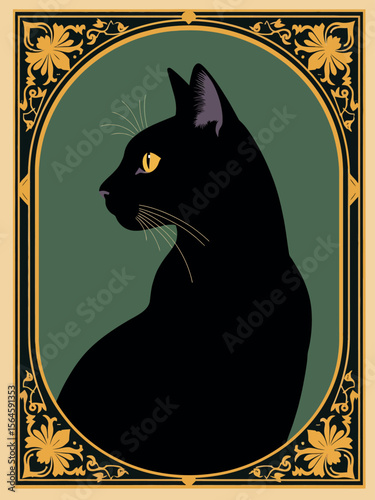 an elegant black cat in detailed art nouveau frame, golden floral ornaments, dark green vintage background