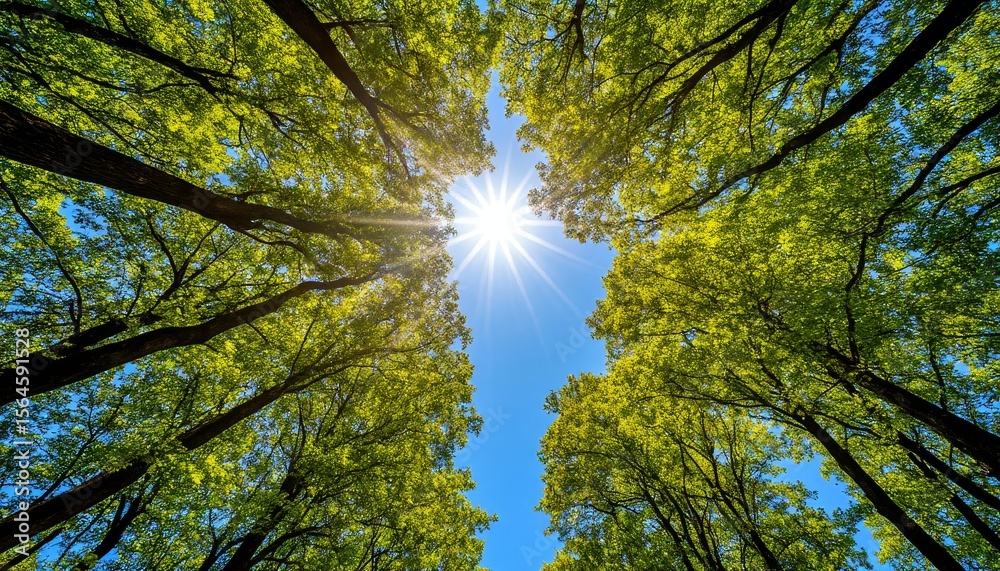 Fototapeta premium Bright sunlight filtering through verdant forest canopy, casting dappled light and creating serene woodland atmosphere with natural, calming ambiance