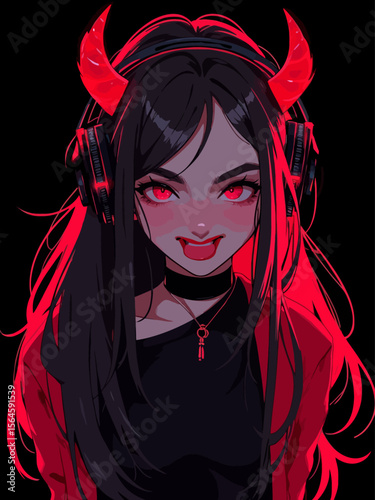  charismatic demon female, red-black long hair, demon horns, headphones, goth style, neon cybergoth