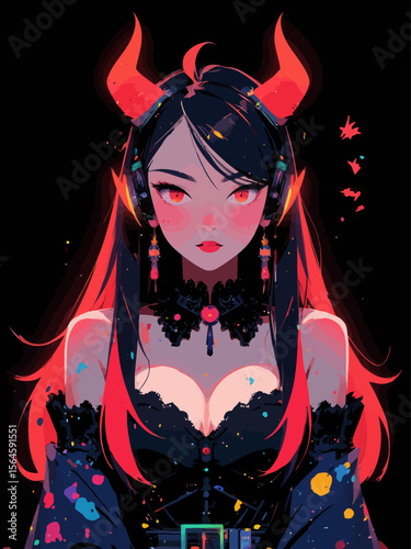 charismatic demon female, red-black long hair, demon horns, headphones, goth style, neon cybergoth