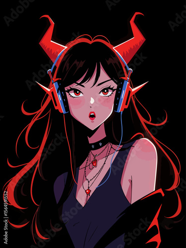  charismatic demon female, red-black long hair, demon horns, headphones, goth style, neon cybergoth