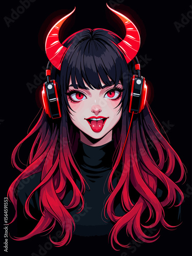  charismatic demon female, red-black long hair, demon horns, headphones, goth style, neon cybergoth