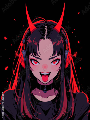  charismatic demon female, red-black long hair, demon horns, headphones, goth style, neon cybergoth