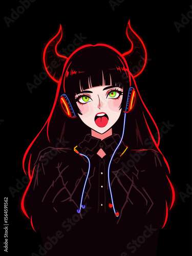  charismatic demon female, red-black long hair, demon horns, headphones, goth style, neon cybergoth