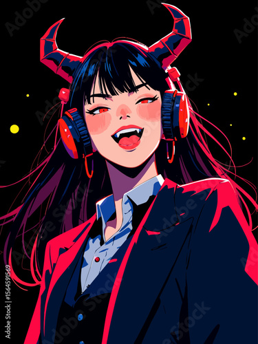  charismatic demon female, red-black long hair, demon horns, headphones, goth style, neon cybergoth