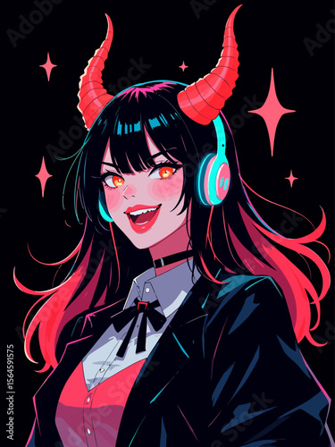  charismatic demon female, red-black long hair, demon horns, headphones, goth style, neon cybergoth
