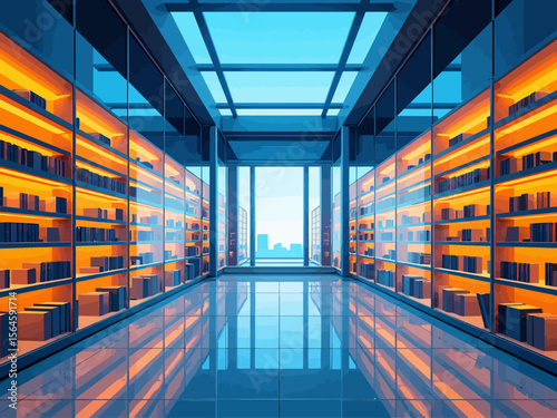  futuristic library with books on the shelfs, glass walls made from blue and orange glass panels, seeing inside of it