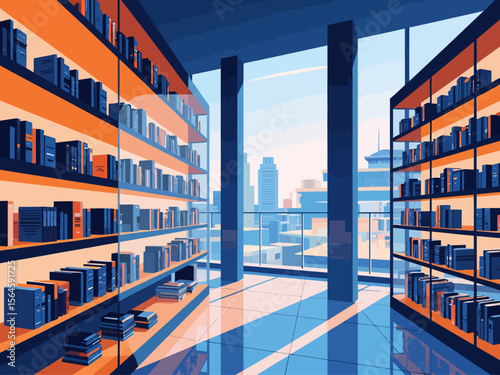  futuristic library with books on the shelfs, glass walls made from blue and orange glass panels, seeing inside of it