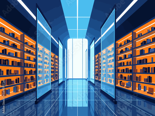  futuristic library with books on the shelfs, glass walls made from blue and orange glass panels, seeing inside of it