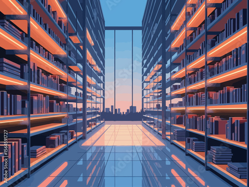 futuristic library with books on the shelfs, glass walls made from blue and orange glass panels, seeing inside of it