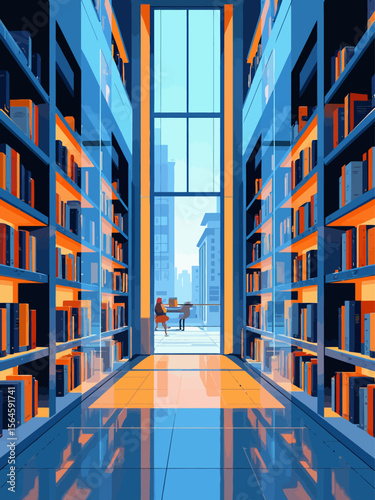  futuristic library with books on the shelfs, glass walls made from blue and orange glass panels, seeing inside of it