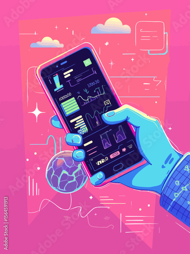  line art style of a gen z trying to change the channel with a rotory phone