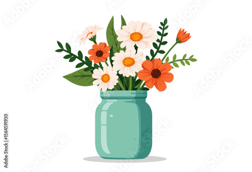 Colorful flowers in a teal jar on white background  