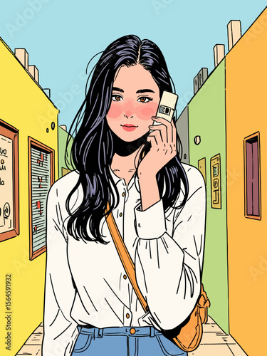  line art style of a gen z trying to change the channel with a rotory phone