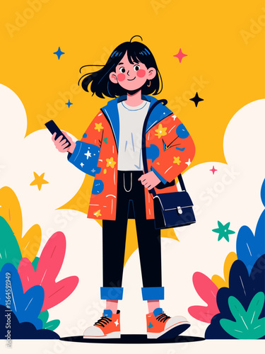  line art style of a gen z trying to change the channel with a rotory phone