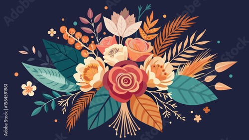 Beautiful autumn floral arrangement with roses and leaves on dark blue background