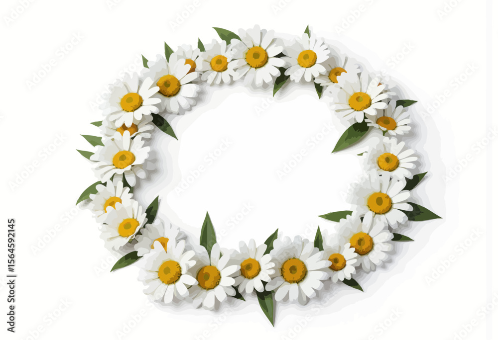 Fototapeta premium Circular wreath made of white daisies with green leaves 