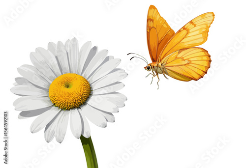 White daisy flower with yellow center and orange butterfly nearby  
