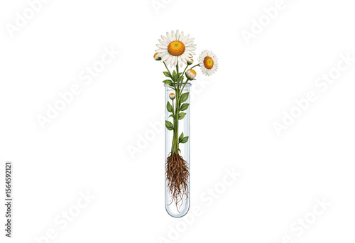 Daisies growing in a test tube with roots visible and white background  