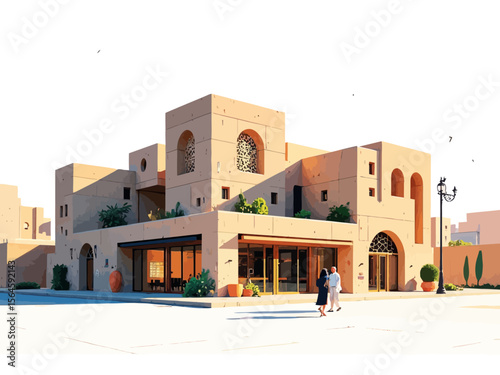 Al-Tayebat Museum in Jeddah, Saudi Arabia Emphasize traditional Hijazi architecture with pristine white-stone facades, hand-carved wooden mashrabiyas, symmetrical arched entrances