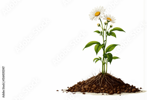 Flowering plant growing from soil with roots on white background  