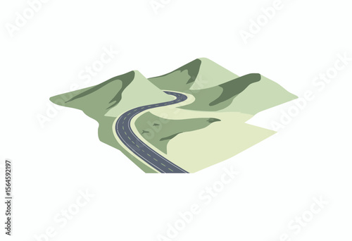 Curvy road through green hills in minimalist illustration style  
