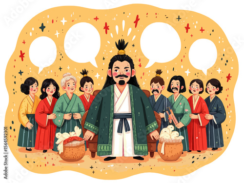 Prince calmly surrounded by 10 peasants talking over each other, with overlapping gestures, wearing a traditional court robe, broad forehead, narrow elongated eyes