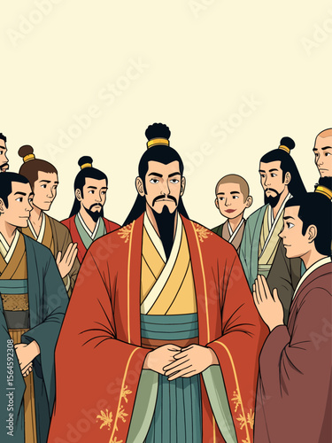 Prince calmly surrounded by 10 peasants talking over each other, with overlapping gestures, wearing a traditional court robe, broad forehead, narrow elongated eyes