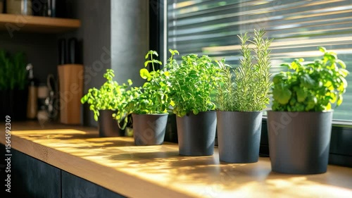 Sunlight streams into a modern kitchen illuminating a row of potted herbs on a wooden windowsill