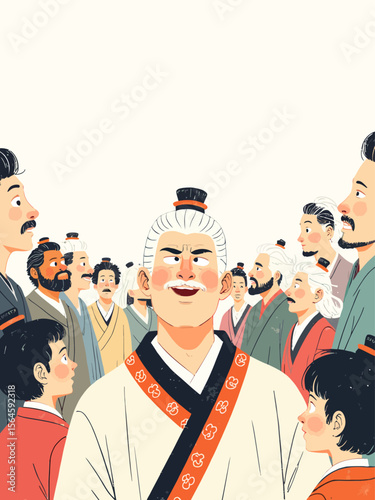 Prince calmly surrounded by 10 peasants talking over each other, with overlapping gestures, wearing a traditional court robe, broad forehead, narrow elongated eyes