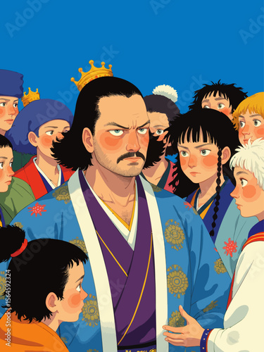 Prince calmly surrounded by 10 peasants talking over each other, with overlapping gestures, wearing a traditional court robe, broad forehead, narrow elongated eyes