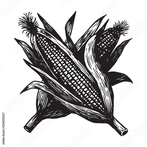 corn silhouette vector illustration on white background, A simple corn cob with some leaves art silhouette and black shape corn vector art illustration, Corn cobs elements icon vector illustration