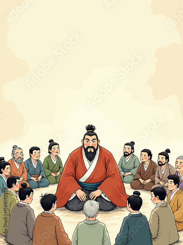 Prince calmly surrounded by 10 peasants talking over each other, with overlapping gestures, wearing a traditional court robe, broad forehead, narrow elongated eyes