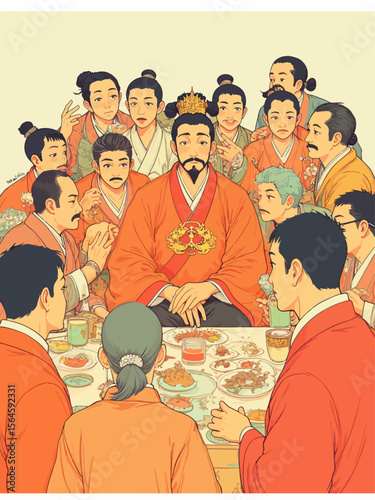 Prince calmly surrounded by 10 peasants talking over each other, with overlapping gestures, wearing a traditional court robe, broad forehead, narrow elongated eyes