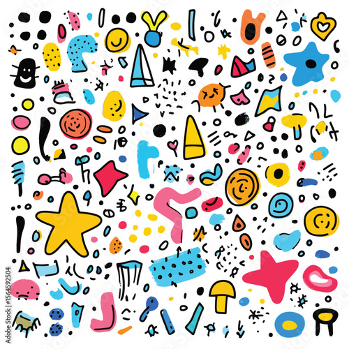 Set of fun colorful doodle shapes hand drawn. Pen liner doodle elements. Vector doodle style isolated on white background. Vector illustration