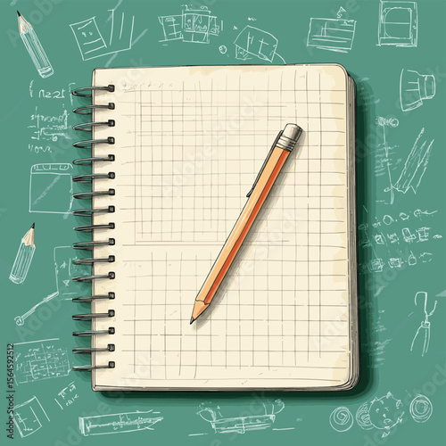 Notebook with pencil and liner in realistic style on green background with school doodle illustrations. Vector illustration design, vector style simple color