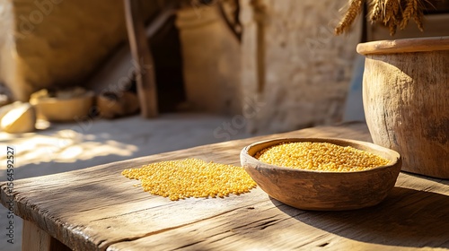 Golden millet seeds fill a wooden bowl on a rustic surface with a warm, natural, rural vibe.