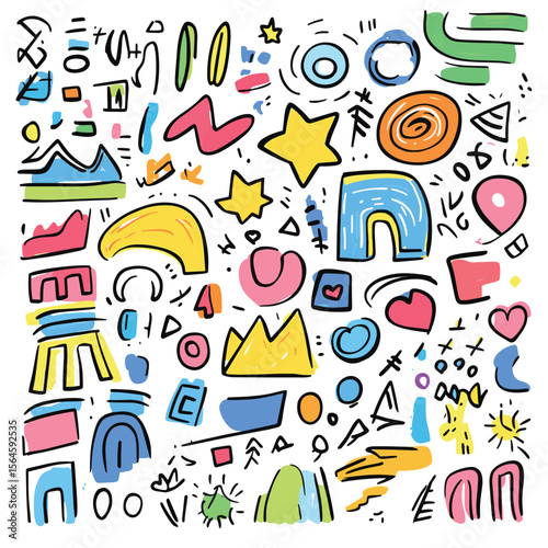 Set of fun colorful doodle shapes hand drawn. Pen liner doodle elements. Vector doodle style isolated on white background. Vector illustration