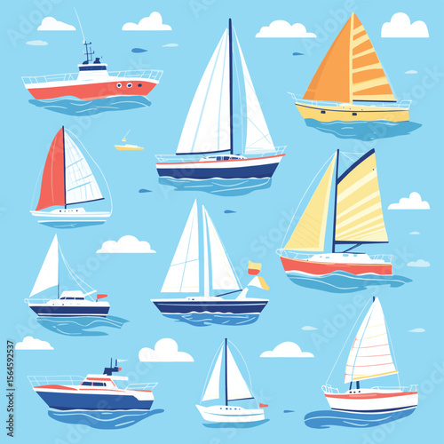 Cute yachts, boats and ships with sails floating in sea or ocean