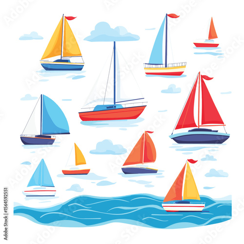 Cute yachts, boats and ships with sails floating in sea or ocean