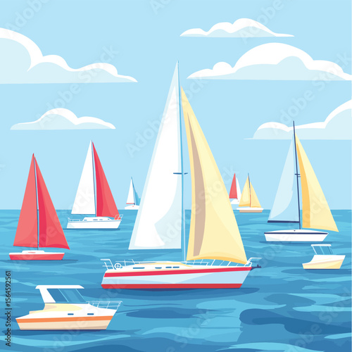 Cute yachts, boats and ships with sails floating in sea or ocean