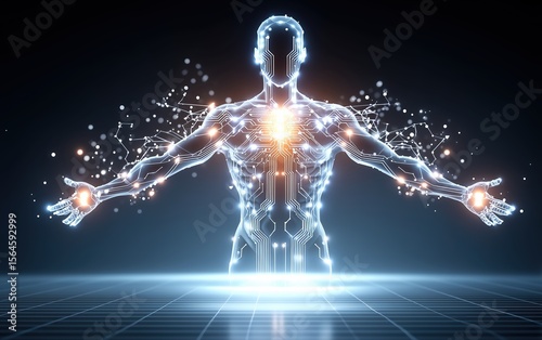 Futuristic glowing human body with digital neural connections