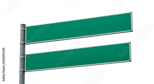 A minimalist street sign featuring two empty green panels on a galvanized metal pole, isolated against a white background, emphasizing simplicity and clarity.