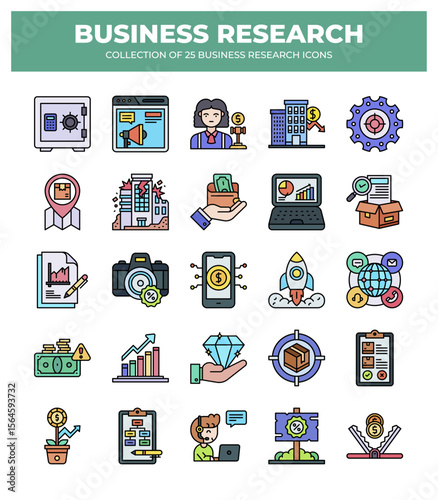 Collection of 25 Business Research Icons:  Visualizing Market Research. Data Analysis. and Business Strategy