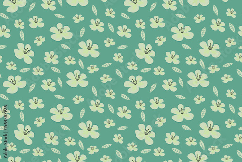 charming seamless pattern featuring delicate light green flowers on a teal background