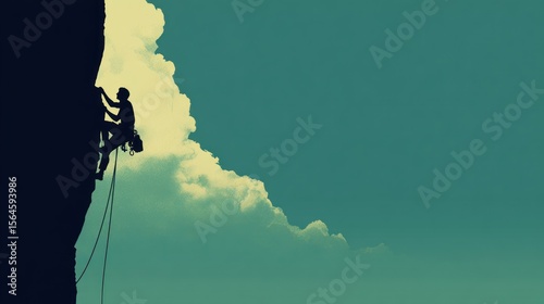 Silhouette of climber scaling a cliff face against a cloudy sky