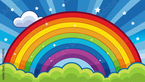 Vibrant rainbow arching over green hills under a starry blue sky