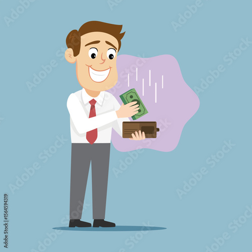 A Happy Man Putting Money In His Wallet. Illustration, Cartoon, Vector.
